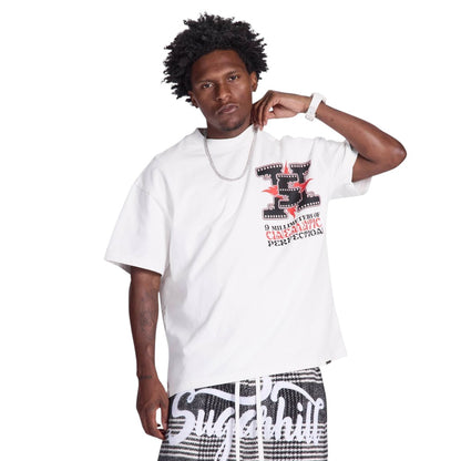 On Time Fashions white cotton t-shirt with bold black and red "Cinema" graphic print on the chest. Model wears a silver chain and white watch.