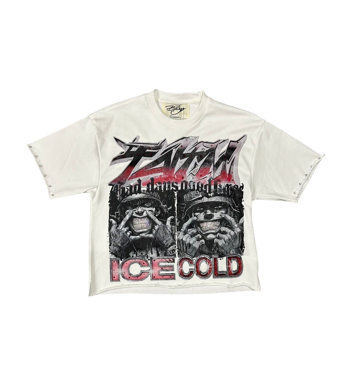 On Time Fashions white cropped tee with graphic print of two figures in helmets,