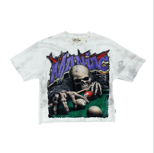 On Time Fashions white cropped tee with a graphic of a skeleton playing pool, embellished neckline, and distressed details.