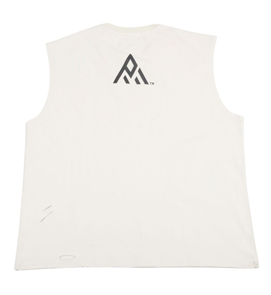 On Time Fashions Paper Money white distressed sleeveless t-shirt with black logo graphic on back.