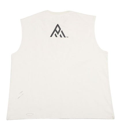 On Time Fashions Paper Money white distressed sleeveless t-shirt with black logo graphic on back.