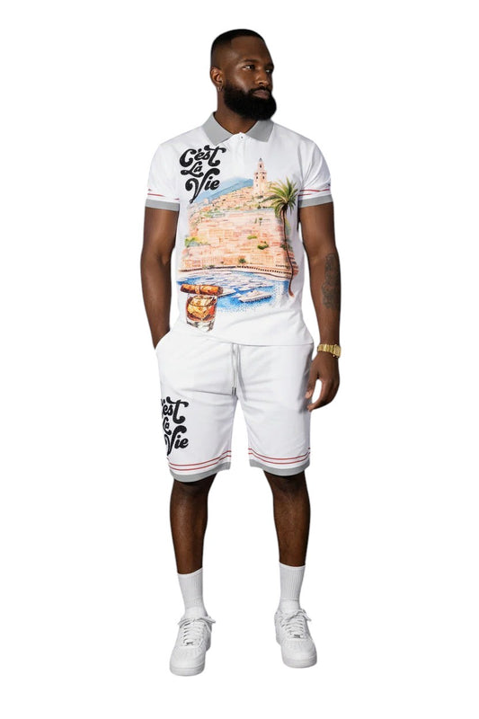 On Time Fashions white short set with graphic print on polo shirt and shorts, grey collar and trim.