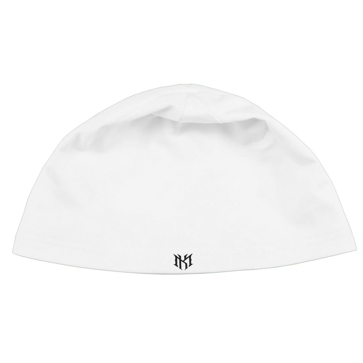 On Time Fashions white Makobi Skully Hat with black gothic logo detail.