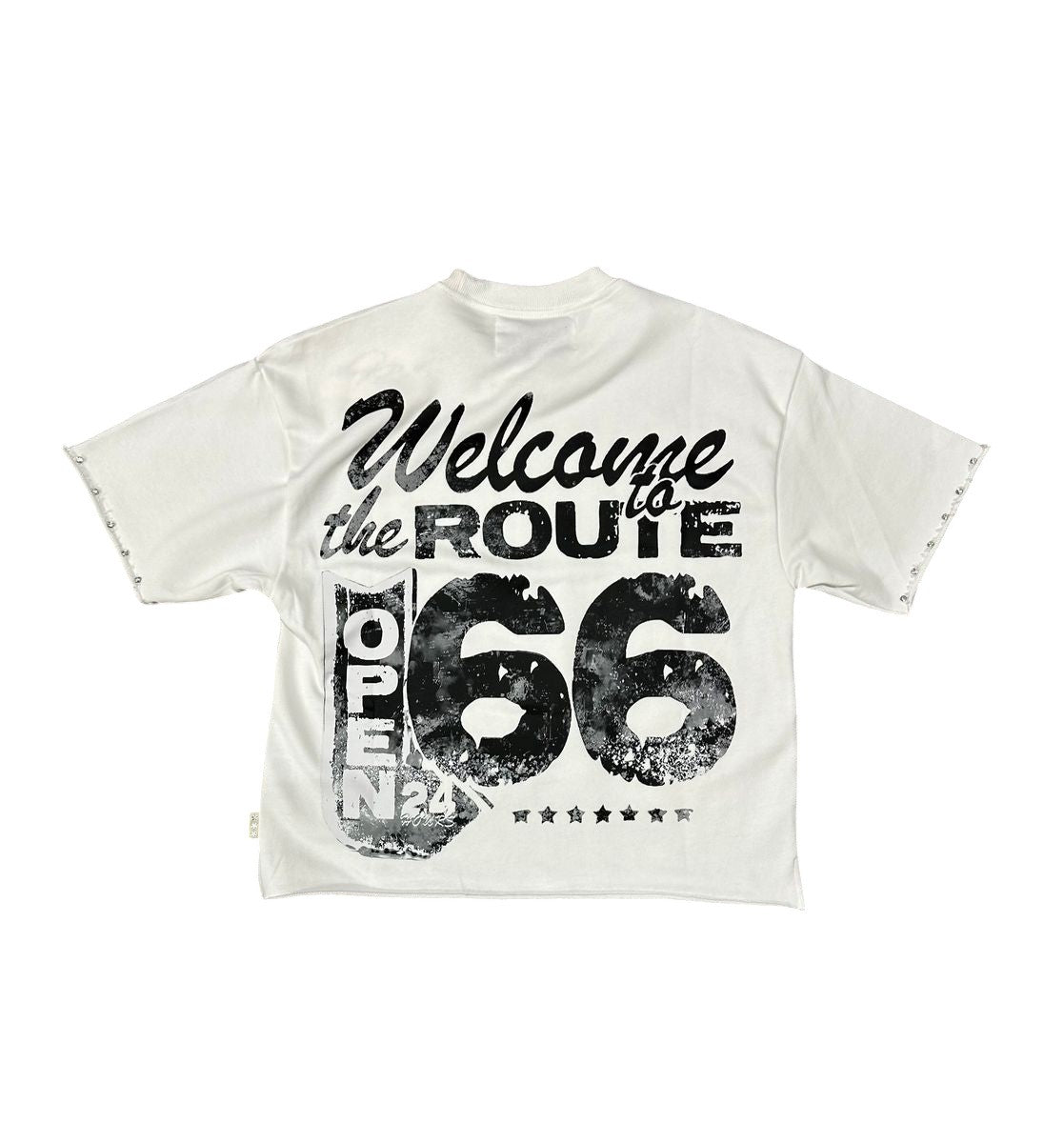 On Time Fashions white cropped t-shirt with distressed Route 66 graphic and raw hem.