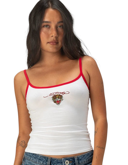 On Time Fashions white cotton-blend cami with red trim, featuring an embroidered tiger graphic and Ed Hardy script.