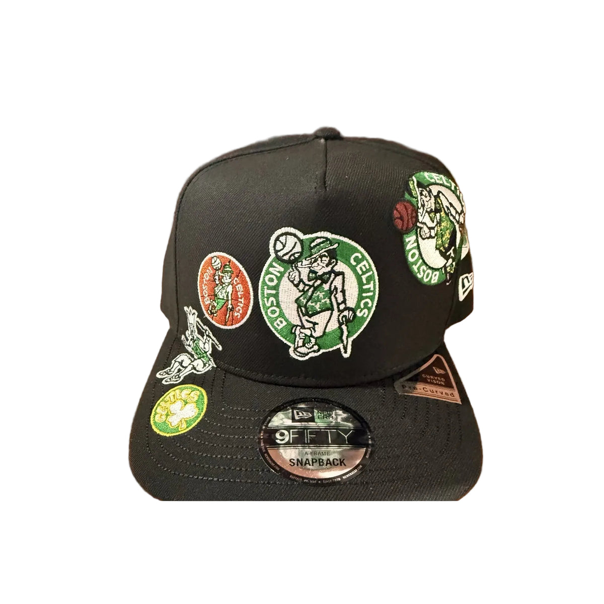 New Era Boston Celtics multi-patch black 9FIFTY A-Frame snapback — front view