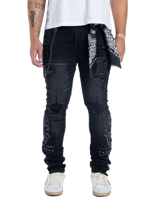 Midnight Black Ankh jeans in Black Bandana, front view
