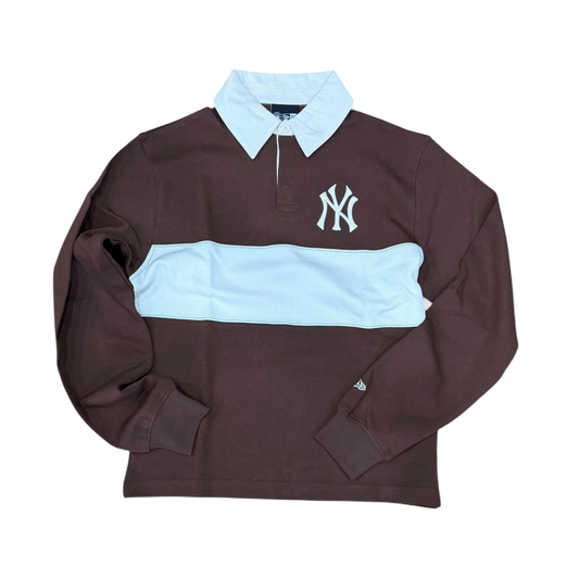 New Era New York Yankees colorblock long sleeve rugby polo in brown and cream, front