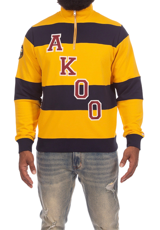 AKOO Creed Fleece in Old Gold with navy stripes front view