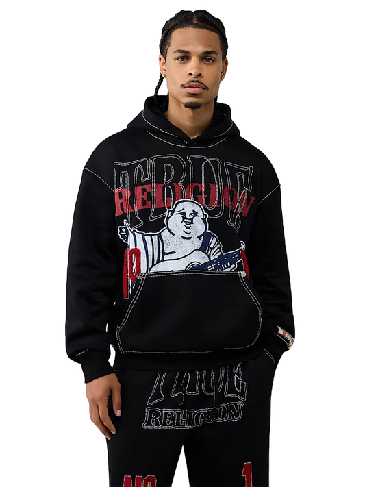True Religion No. 1 Logo Big T Hoodie in Jet Black, front view