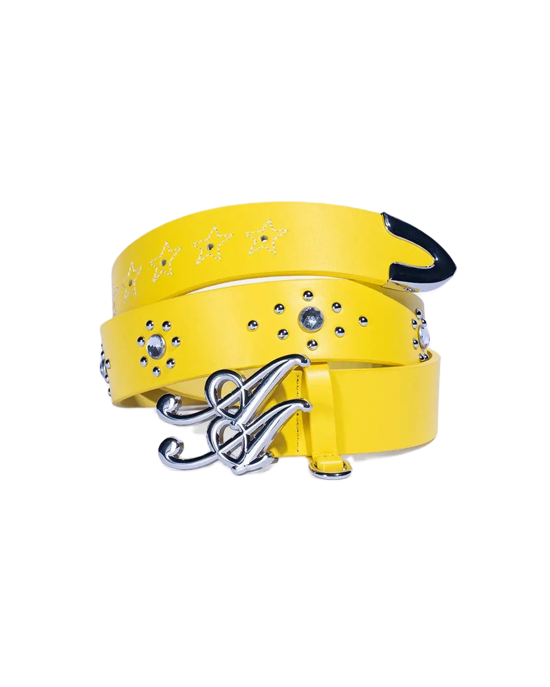 Ad Astra Vellum belt in yellow, coiled view with monogram buckle