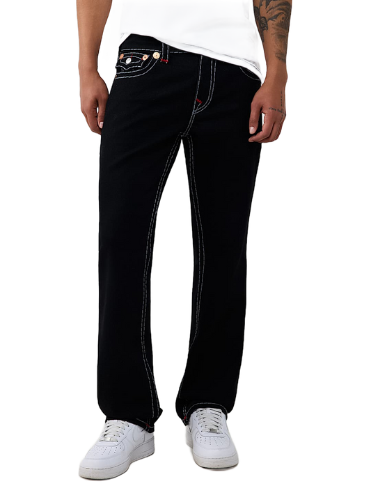 True Religion Ricky Embroidered Super T Straight Jeans in Black Rinse, front view