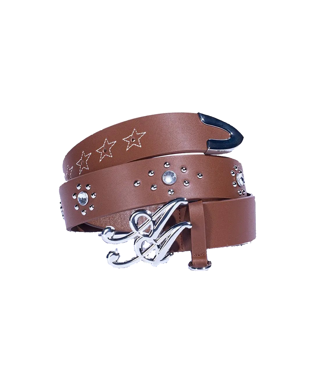 Ad Astra Vellum belt in brown, coiled view with monogram buckle