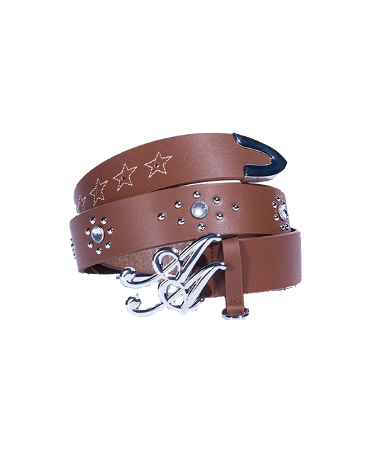 Ad Astra Vellum belt in brown, coiled view with monogram buckle
