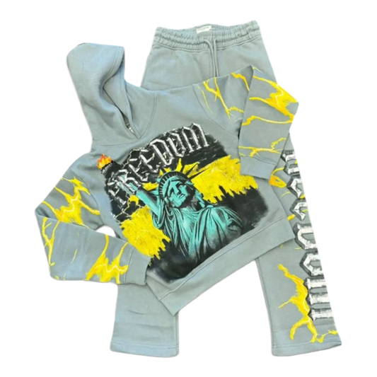 FWRD kids Statue Freedom grey and gold fleece hoodie and sweatpants set