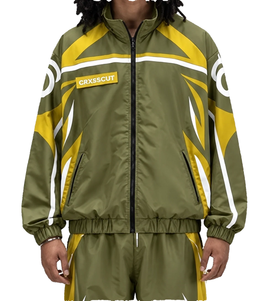 CRXSSCUT Crossfire nylon jacket in olive and yellow with white graphics, front view on model