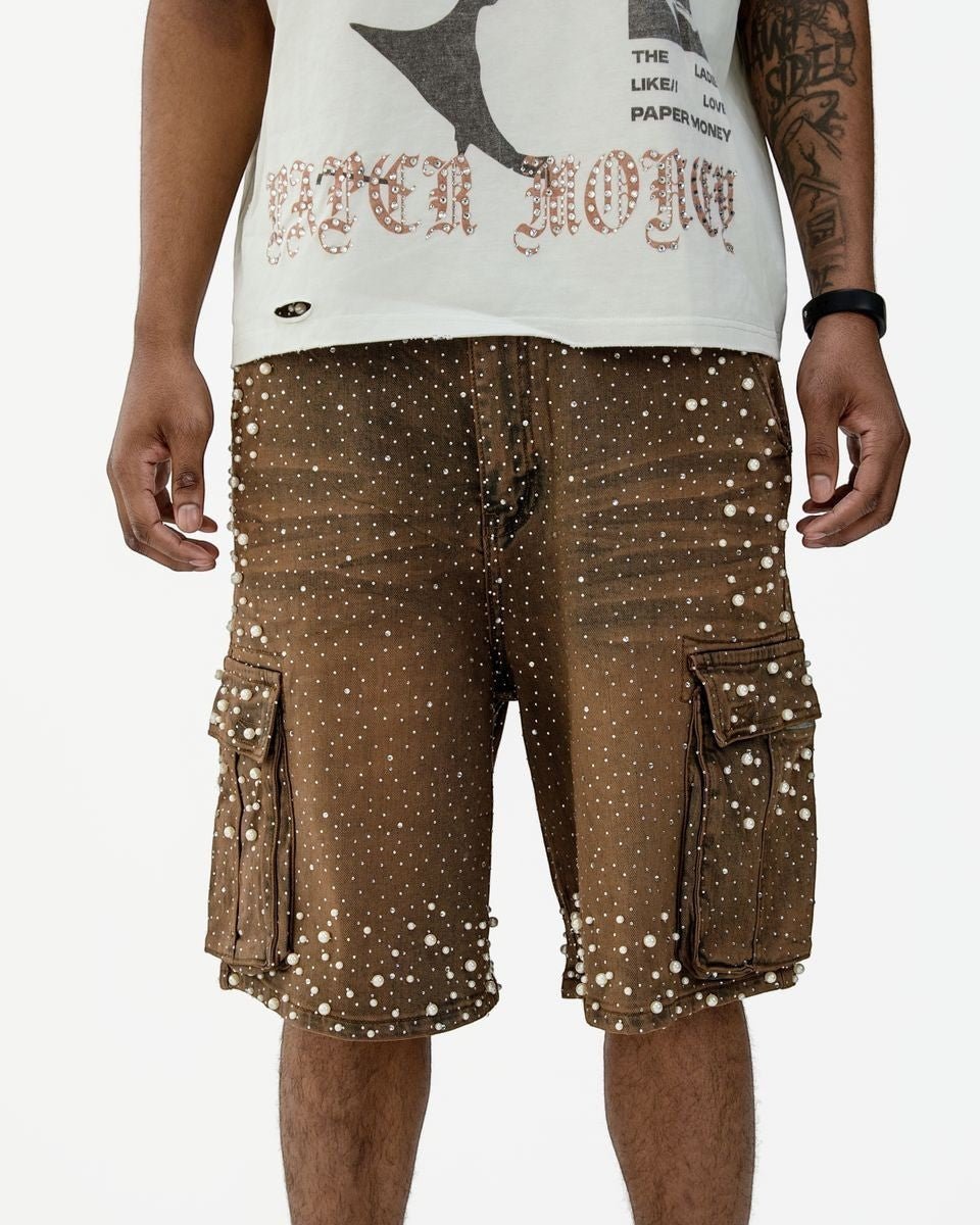 Paper Money Pearl Studded Cargo Shorts from On Time Fashions – Shorts by Paper Money, Birmingham AL’s 1 fashion store and premier destination for streetwear, suits, kids fashion, and big & tall