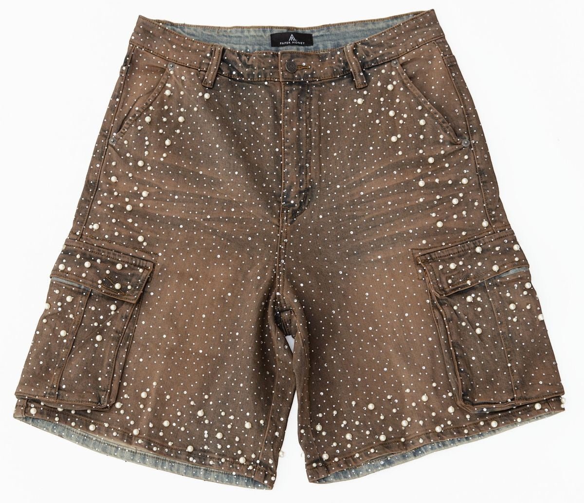 Paper Money Pearl Studded Cargo Shorts from On Time Fashions – Shorts by Paper Money, Birmingham AL’s 1 fashion store and premier destination for streetwear, suits, kids fashion, and big & tall