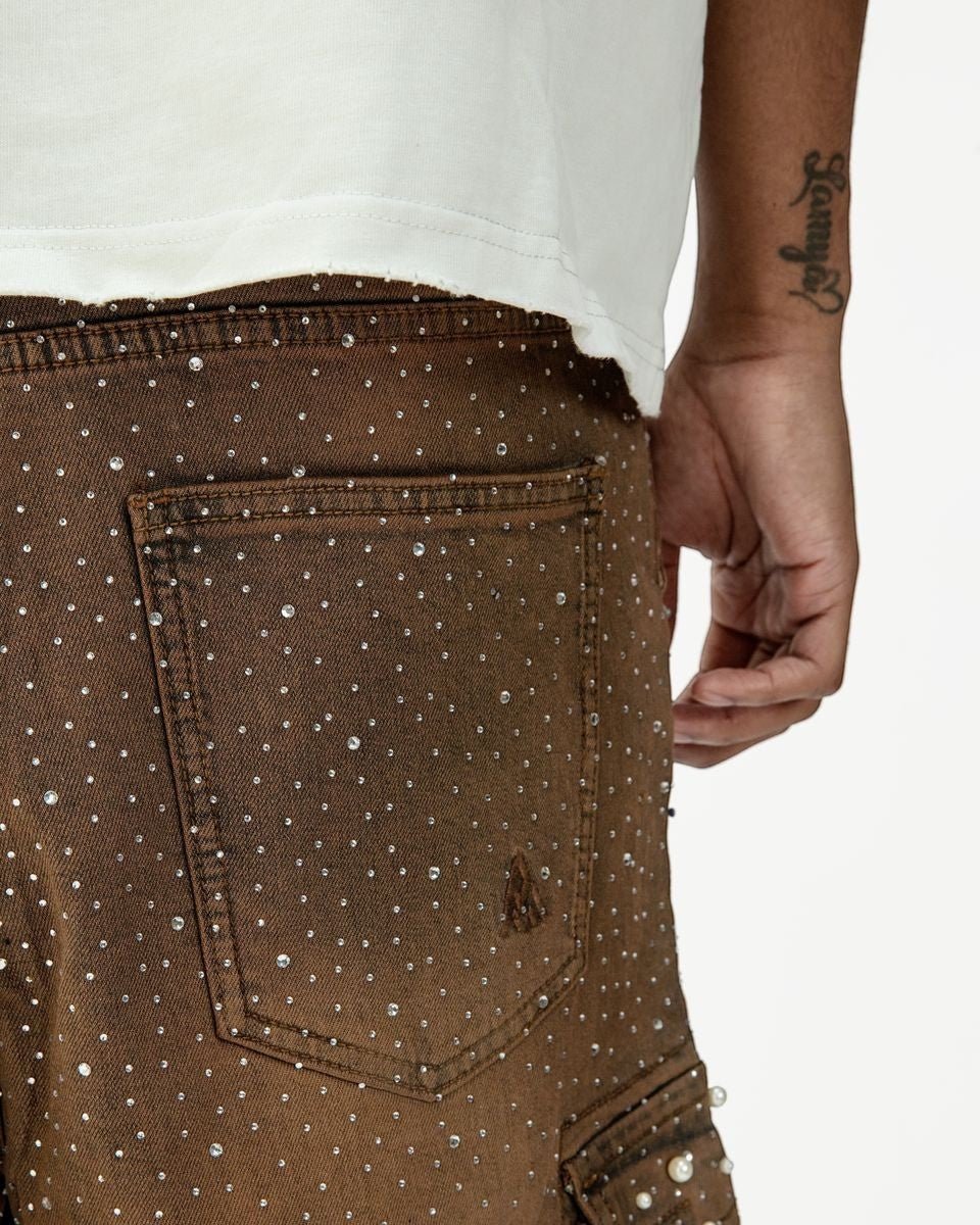 Paper Money Pearl Studded Cargo Shorts from On Time Fashions – Shorts by Paper Money, Birmingham AL’s 1 fashion store and premier destination for streetwear, suits, kids fashion, and big & tall