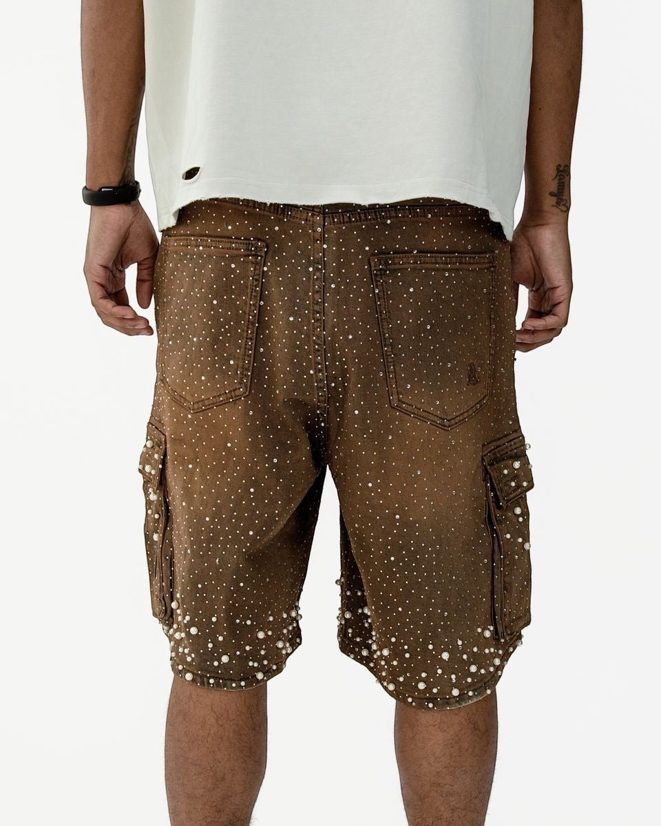 Paper Money Pearl Studded Cargo Shorts from On Time Fashions – Shorts by Paper Money, Birmingham AL’s 1 fashion store and premier destination for streetwear, suits, kids fashion, and big & tall