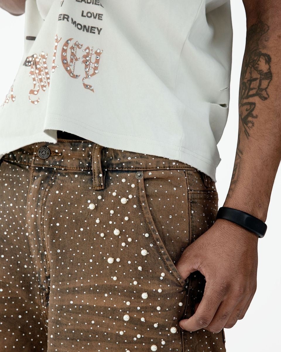 Paper Money Pearl Studded Cargo Shorts from On Time Fashions – Shorts by Paper Money, Birmingham AL’s 1 fashion store and premier destination for streetwear, suits, kids fashion, and big & tall