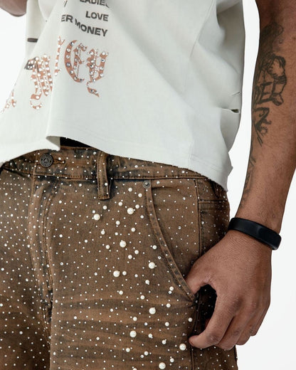 Paper Money Pearl Studded Cargo Shorts from On Time Fashions – Shorts by Paper Money, Birmingham AL’s 1 fashion store and premier destination for streetwear, suits, kids fashion, and big & tall