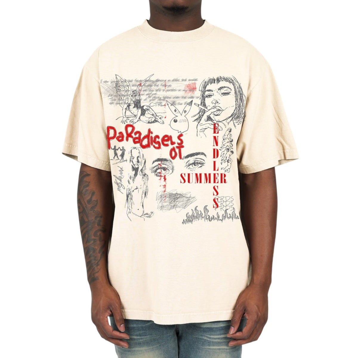 Paradise Lost Endless Summer tee 140 in beige, front model view showing black sketch artwork and red lettering