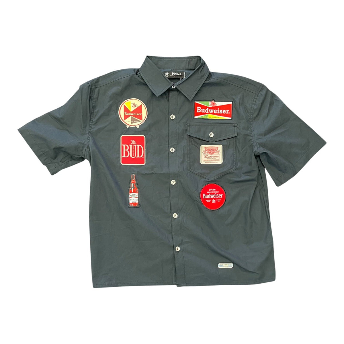 Preme Budweiser short sleeve button-up shirt in Black with beer-label patches and a flap chest pocket