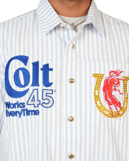 Preme Colt 45 Blue Striped Button Up from On Time Fashions – Streetwear Button Up by Preme, Birmingham AL’s 1 fashion store and premier destination for streetwear, suits, kids fashion, and big & tall