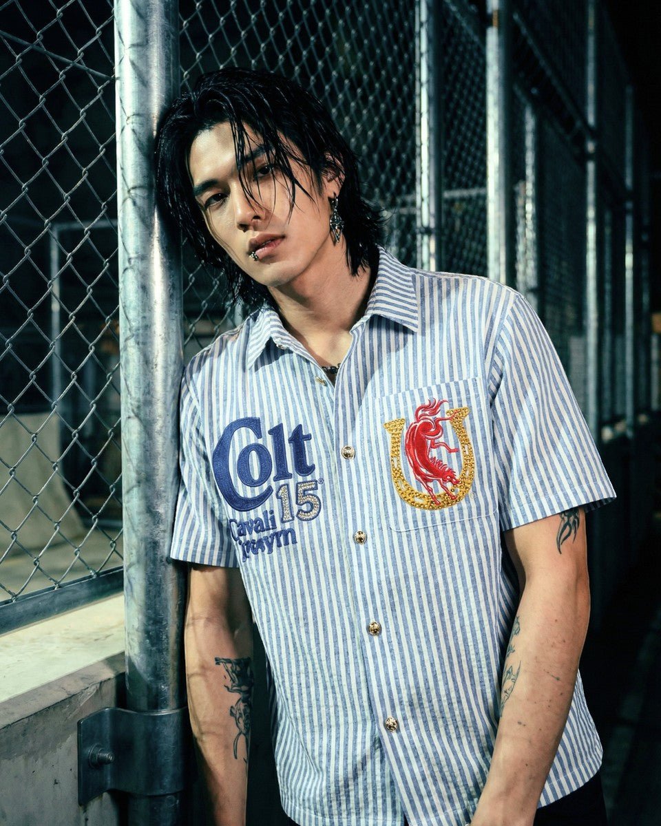 Preme Colt 45 Blue Striped Button Up from On Time Fashions – Streetwear Button Up by Preme, Birmingham AL’s 1 fashion store and premier destination for streetwear, suits, kids fashion, and big & tall