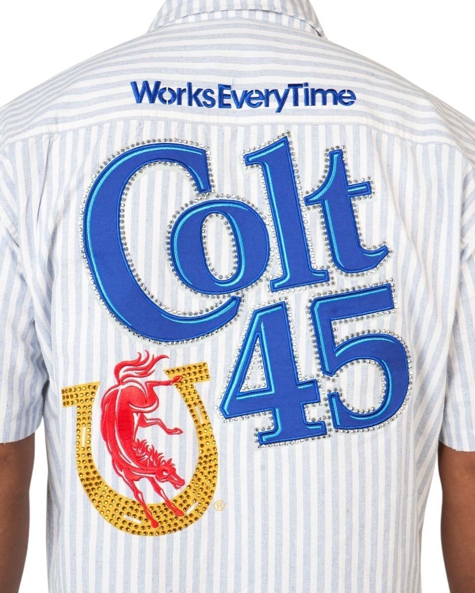 Preme Colt 45 Blue Striped Button Up from On Time Fashions – Streetwear Button Up by Preme, Birmingham AL’s 1 fashion store and premier destination for streetwear, suits, kids fashion, and big & tall
