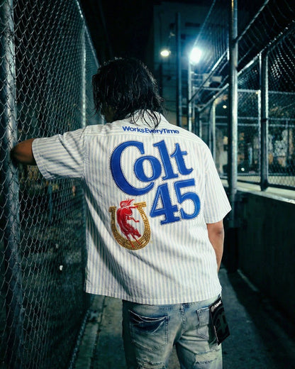 Preme Colt 45 Blue Striped Button Up from On Time Fashions – Streetwear Button Up by Preme, Birmingham AL’s 1 fashion store and premier destination for streetwear, suits, kids fashion, and big & tall