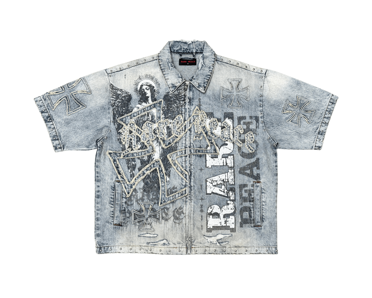 Rare Peace Angelic Denim Zip Down Shirt from On Time Fashions – Streetwear Shirt by Rare Peace, Birmingham AL’s 1 fashion store and premier destination for streetwear, suits, kids fashion, and big & tall