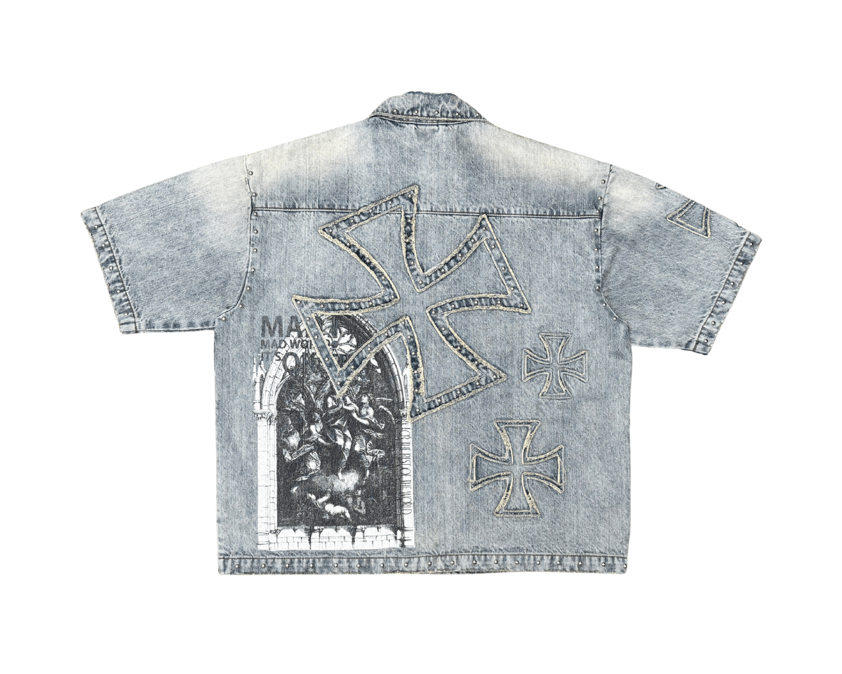 Rare Peace Angelic Denim Zip Down Shirt from On Time Fashions – Streetwear Shirt by Rare Peace, Birmingham AL’s 1 fashion store and premier destination for streetwear, suits, kids fashion, and big & tall