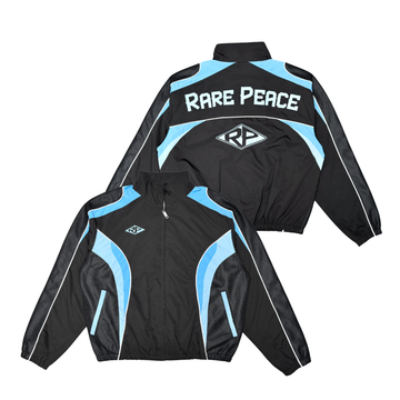 Rare Peace RJ6115 black nylon jacket with light blue panels, front and back