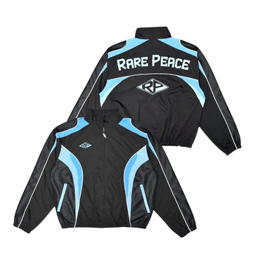 Rare Peace RJ6115 black nylon jacket with light blue panels, front and back