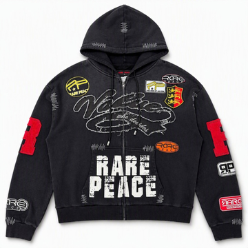 Rare Peace RK6174 black patch and cut-and-sew zip-up hoodie, front