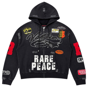 Rare Peace RK6174 black patch and cut-and-sew zip-up hoodie, front