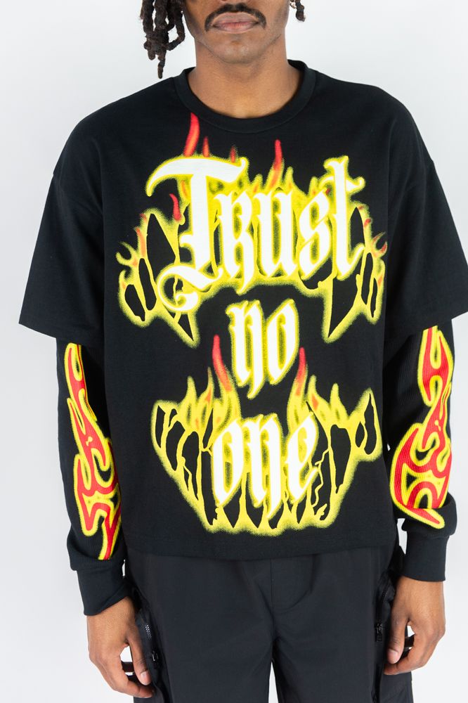 Rebel Minds Trust No One Layered Tee from On Time Fashions – tee by Rebel Minds, Birmingham AL’s 1 fashion store and premier destination for streetwear, suits, kids fashion, and big & tall