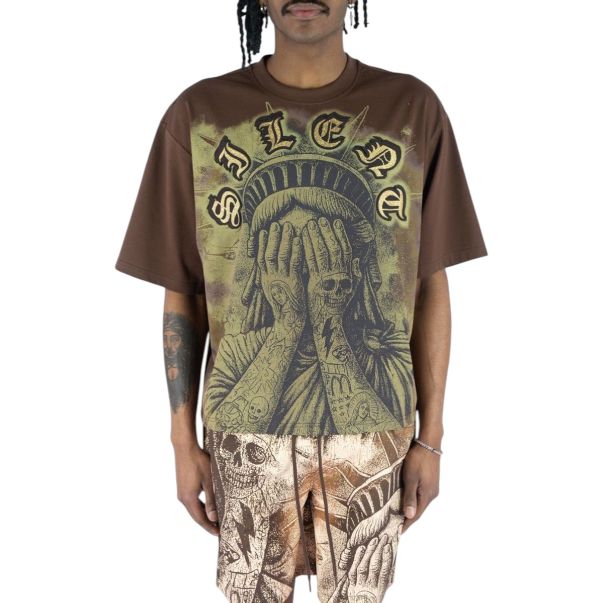 Rebel Minds Weeping Liberty cropped tee 610-11117 in brown, front model view