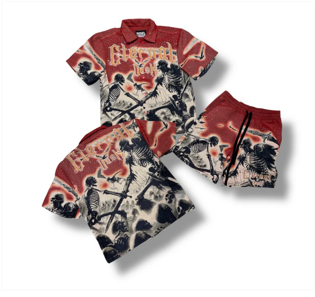 Rebel Minds Eternal Dusk Tapestry Short Set - Red, front and back catalog views