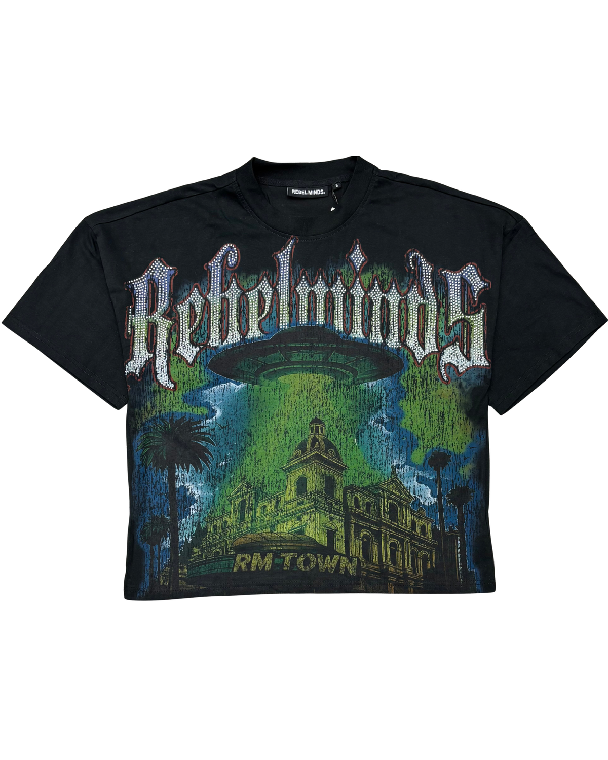 Rebel Minds RM Town Rhinestone Tee - Black - front view