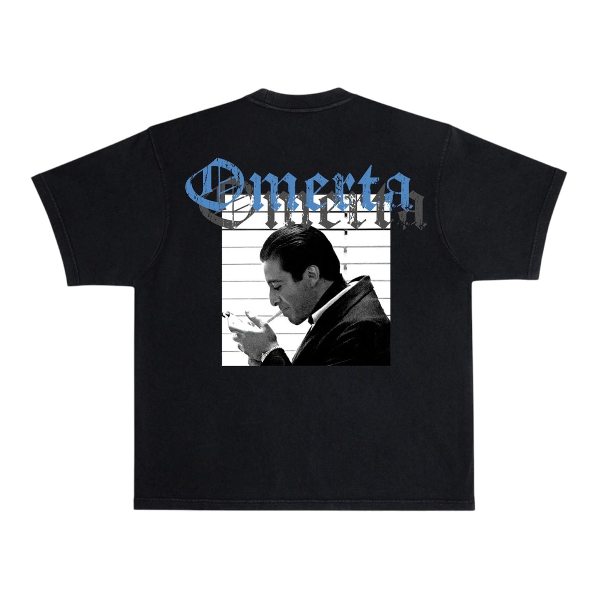 Rich Dead Idols Michael Corleone tee in black and blue, back view with Omerta graphic