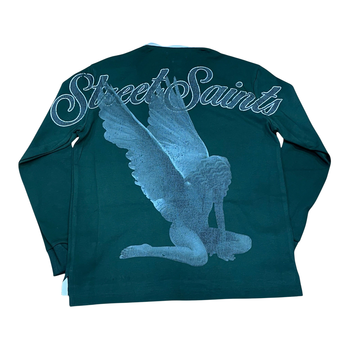Roku Studio Saints Long Sleeve Polo in Forest Green, back view