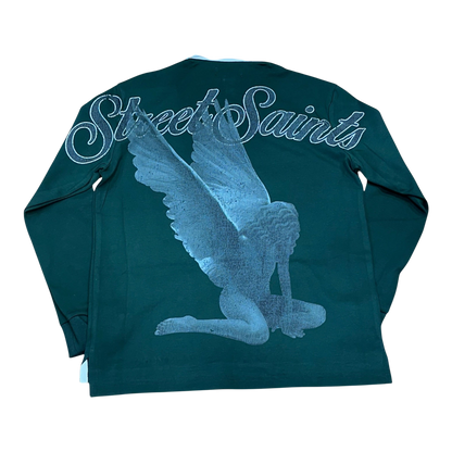 Roku Studio Saints Long Sleeve Polo in Forest Green, back view