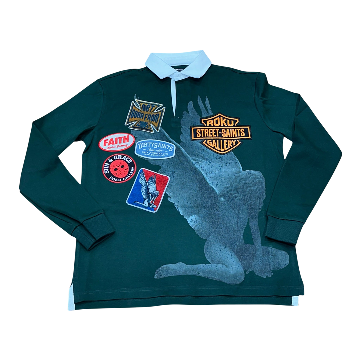 Roku Studio Saints Long Sleeve Polo in Forest Green, front view