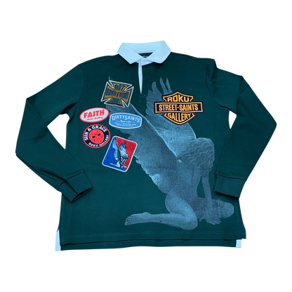 Roku Studio Saints Long Sleeve Polo in Forest Green, front view
