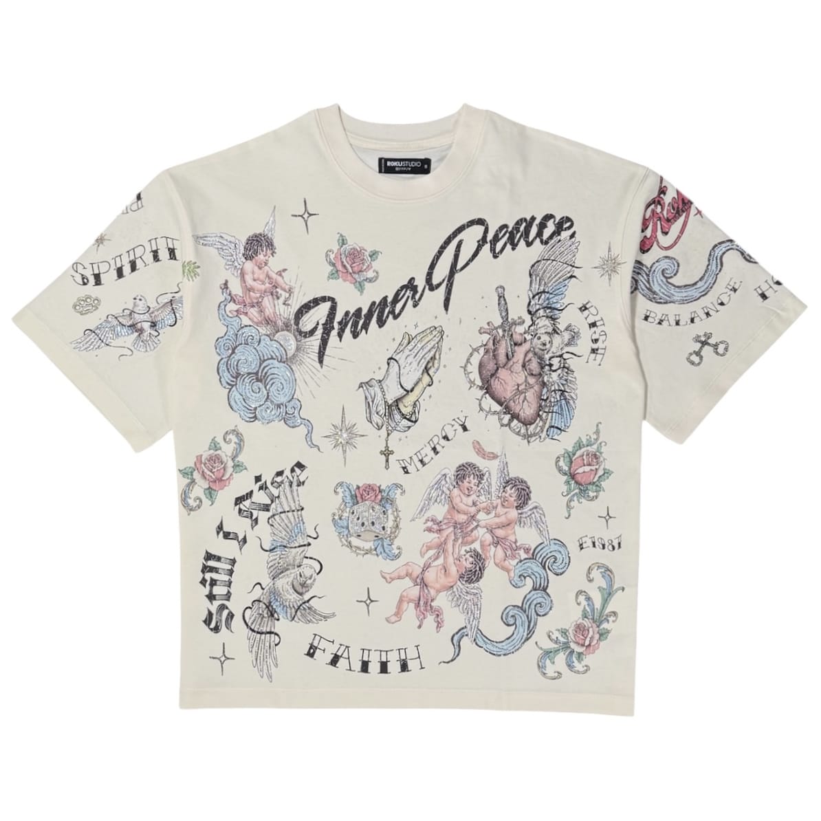 Roku Studio RK1482091 Faith Faded Boxy Tee in Egg Shell with dove, rose and faith-inspired graphics