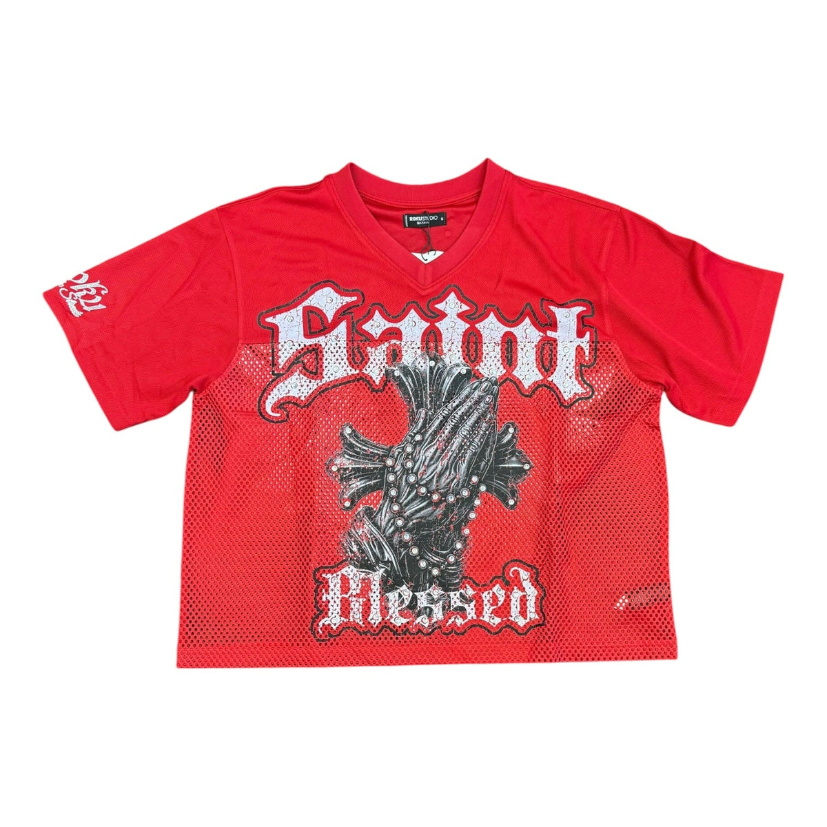 Roku Studio RK1482036 Faith mesh jersey in Red with praying hands graphic, V-neck and stone accents