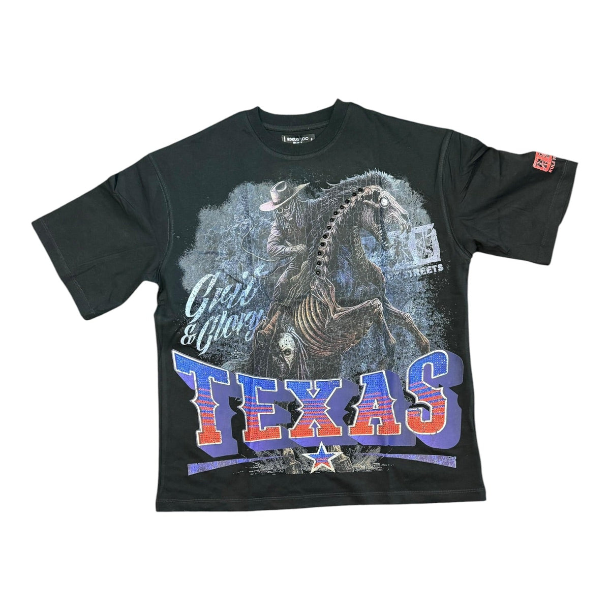 Roku Studio RK1482044 Rebel Texas boxy tee in Black with Western rider graphic and embellished Texas lettering